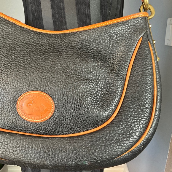 VTG 80s Dooney & Bourke Authentic Leather DB Fob Crescent Hobo Bag Black Tan OS - Picture 4 of 16